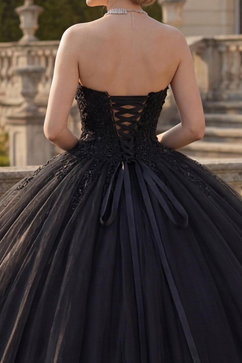 Laden Sie das Bild in den Galerie-Viewer, Holder Rückenfrei Prinzessin Glitzerndes Schwarz Lang Quinceañera Kleid mit Perlenstickerei