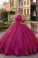 Laden Sie das Bild in den Galerie-Viewer, Glitzerndes Fuchsia Paillette Lang Prinzessin Quinceañera Kleid mit Perlenstickerei