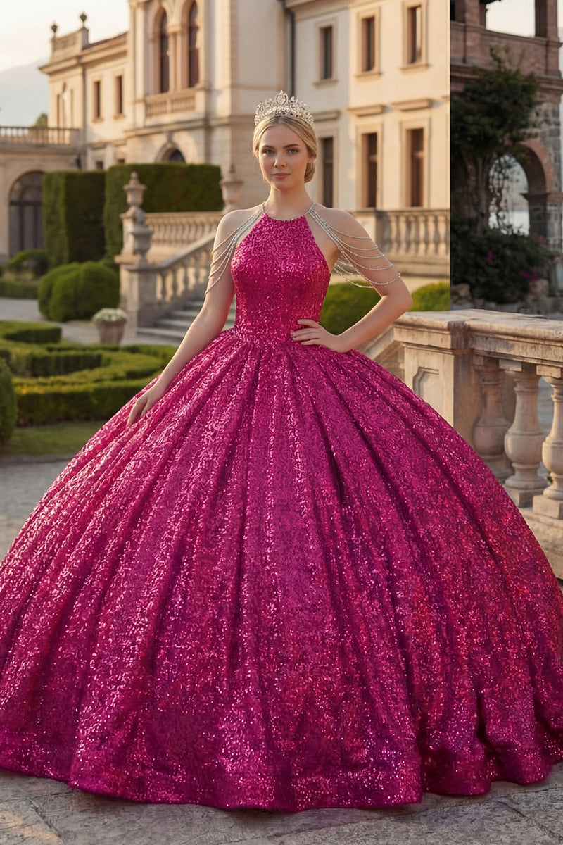 Laden Sie das Bild in den Galerie-Viewer, Glitzerndes Fuchsia Paillette Lang Prinzessin Quinceañera Kleid mit Perlenstickerei
