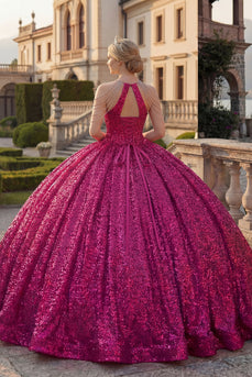 Glitzerndes Fuchsia Paillette Lang Prinzessin Quinceañera Kleid mit Perlenstickerei