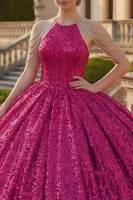 Laden Sie das Bild in den Galerie-Viewer, Glitzerndes Fuchsia Paillette Lang Prinzessin Quinceañera Kleid mit Perlenstickerei