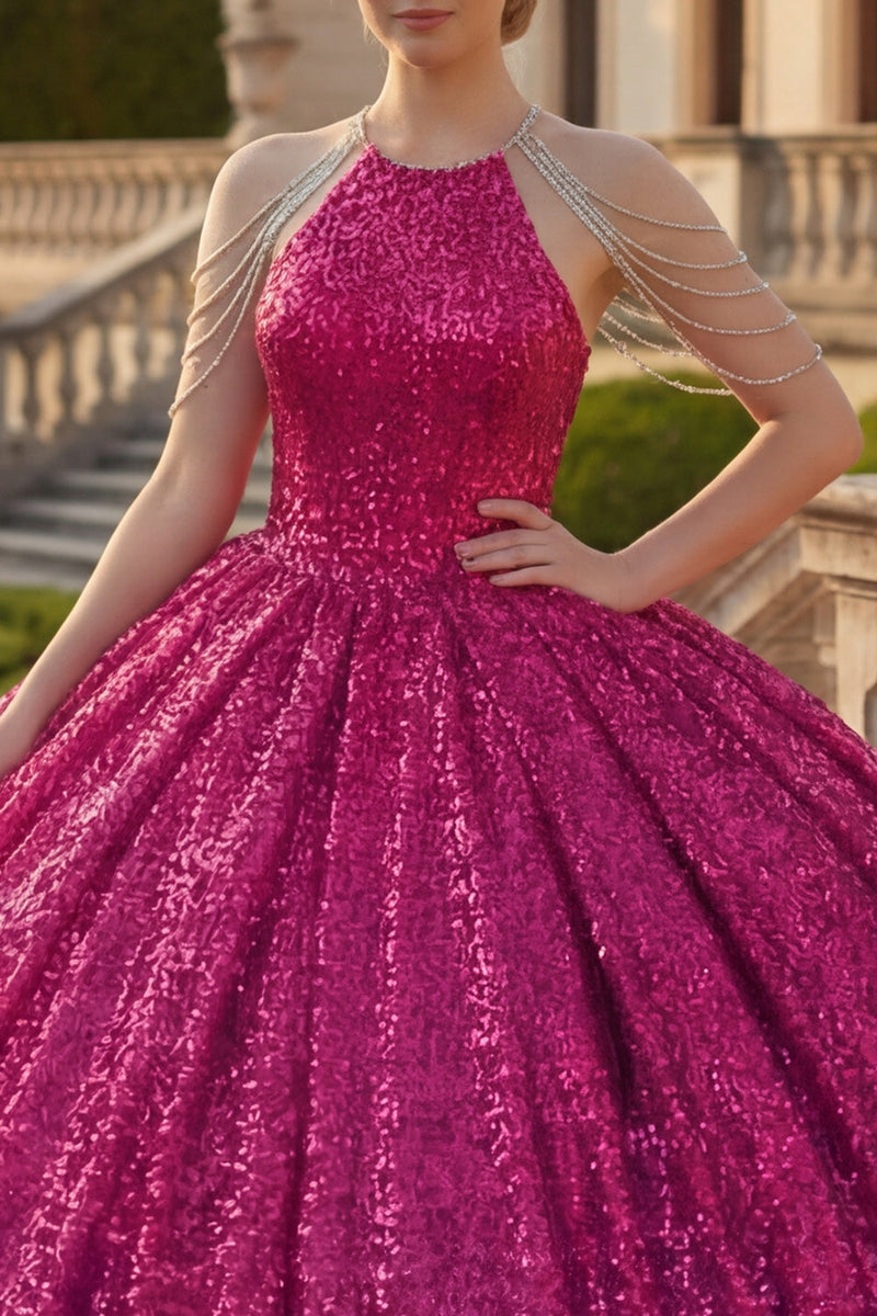 Laden Sie das Bild in den Galerie-Viewer, Glitzerndes Fuchsia Paillette Lang Prinzessin Quinceañera Kleid mit Perlenstickerei