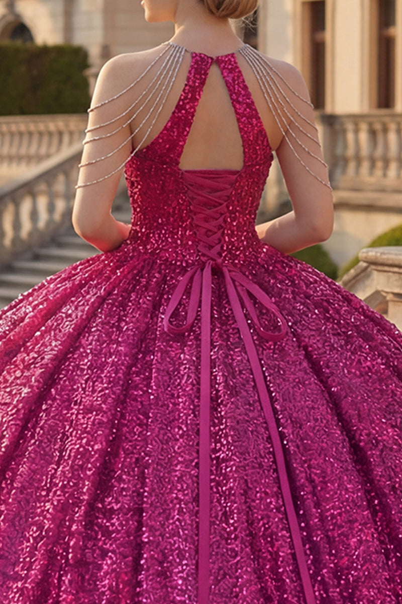 Laden Sie das Bild in den Galerie-Viewer, Glitzerndes Fuchsia Paillette Lang Prinzessin Quinceañera Kleid mit Perlenstickerei
