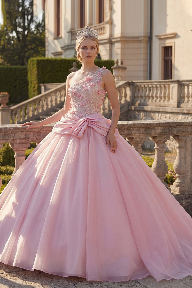 Laden Sie das Bild in den Galerie-Viewer, Gerafft Rosa Blumen Ein Schulter Prinzessin Lang Quinceañera Kleid mit Perlenstickerei