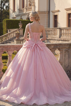 Gerafft Rosa Blumen Ein Schulter Prinzessin Lang Quinceañera Kleid mit Perlenstickerei