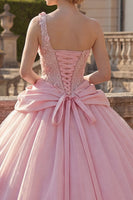 Laden Sie das Bild in den Galerie-Viewer, Gerafft Rosa Blumen Ein Schulter Prinzessin Lang Quinceañera Kleid mit Perlenstickerei
