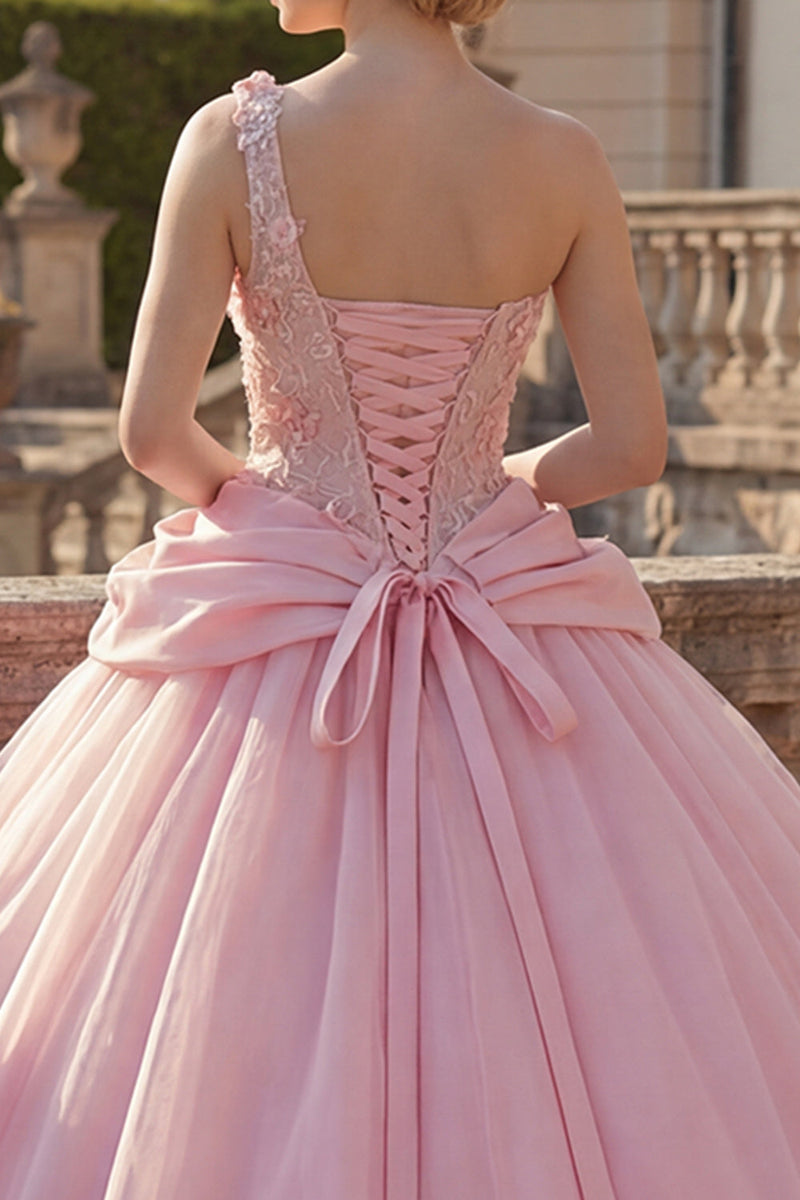 Laden Sie das Bild in den Galerie-Viewer, Gerafft Rosa Blumen Ein Schulter Prinzessin Lang Quinceañera Kleid mit Perlenstickerei