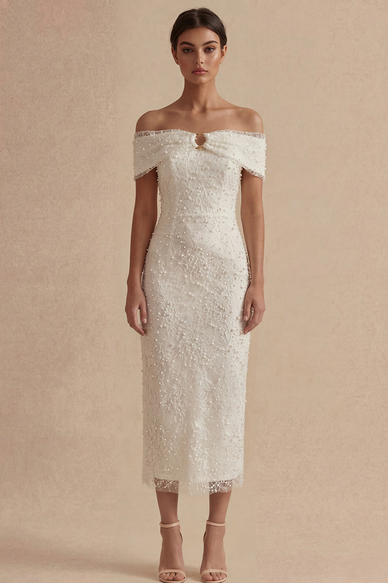 Laden Sie das Bild in den Galerie-Viewer, Scheide Maksi Weiß Boho Brautkleid mit Perlen