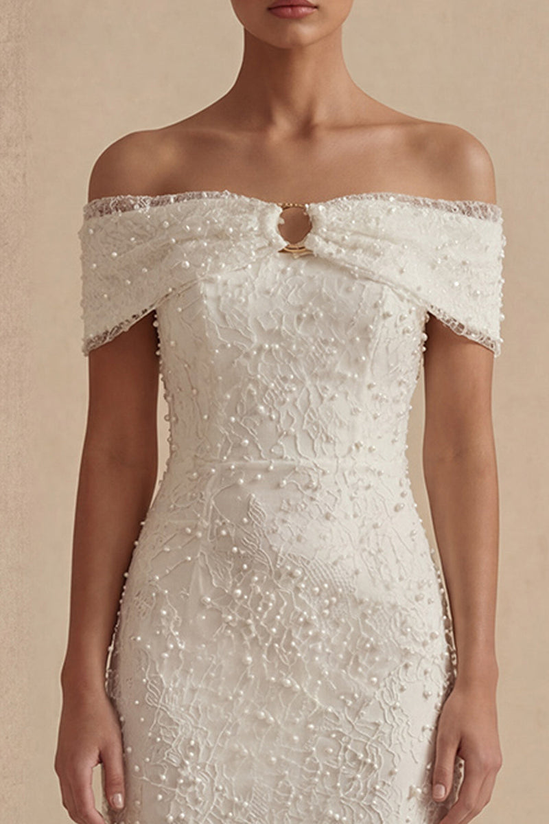 Laden Sie das Bild in den Galerie-Viewer, Scheide Maksi Weiß Boho Brautkleid mit Perlen