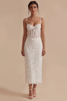 Laden Sie das Bild in den Galerie-Viewer, Spaghettiträger Scheide Maksi Blumen Spitze Korsett Weiß Boho Brautkleid