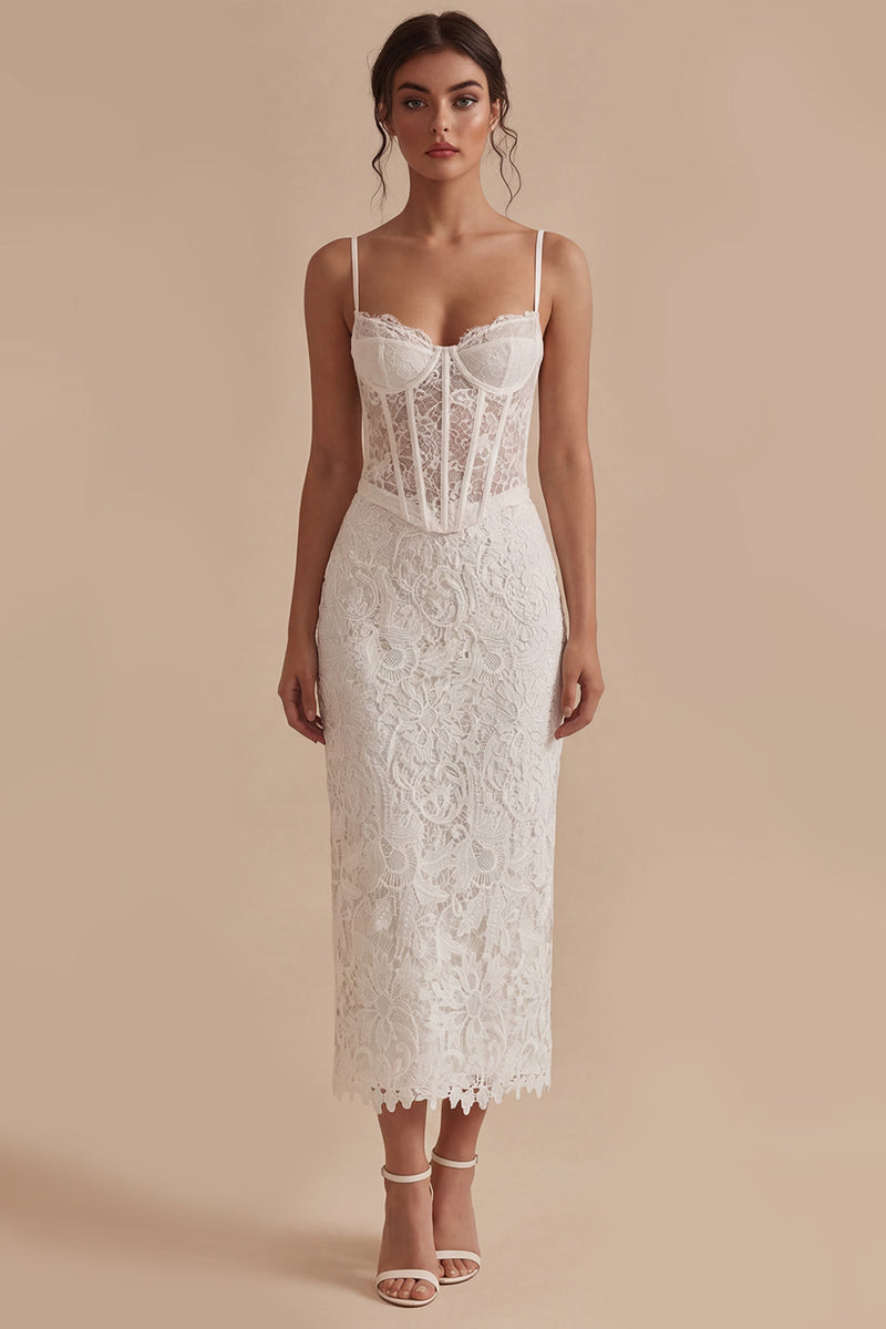 Laden Sie das Bild in den Galerie-Viewer, Spaghettiträger Scheide Maksi Blumen Spitze Korsett Weiß Boho Brautkleid