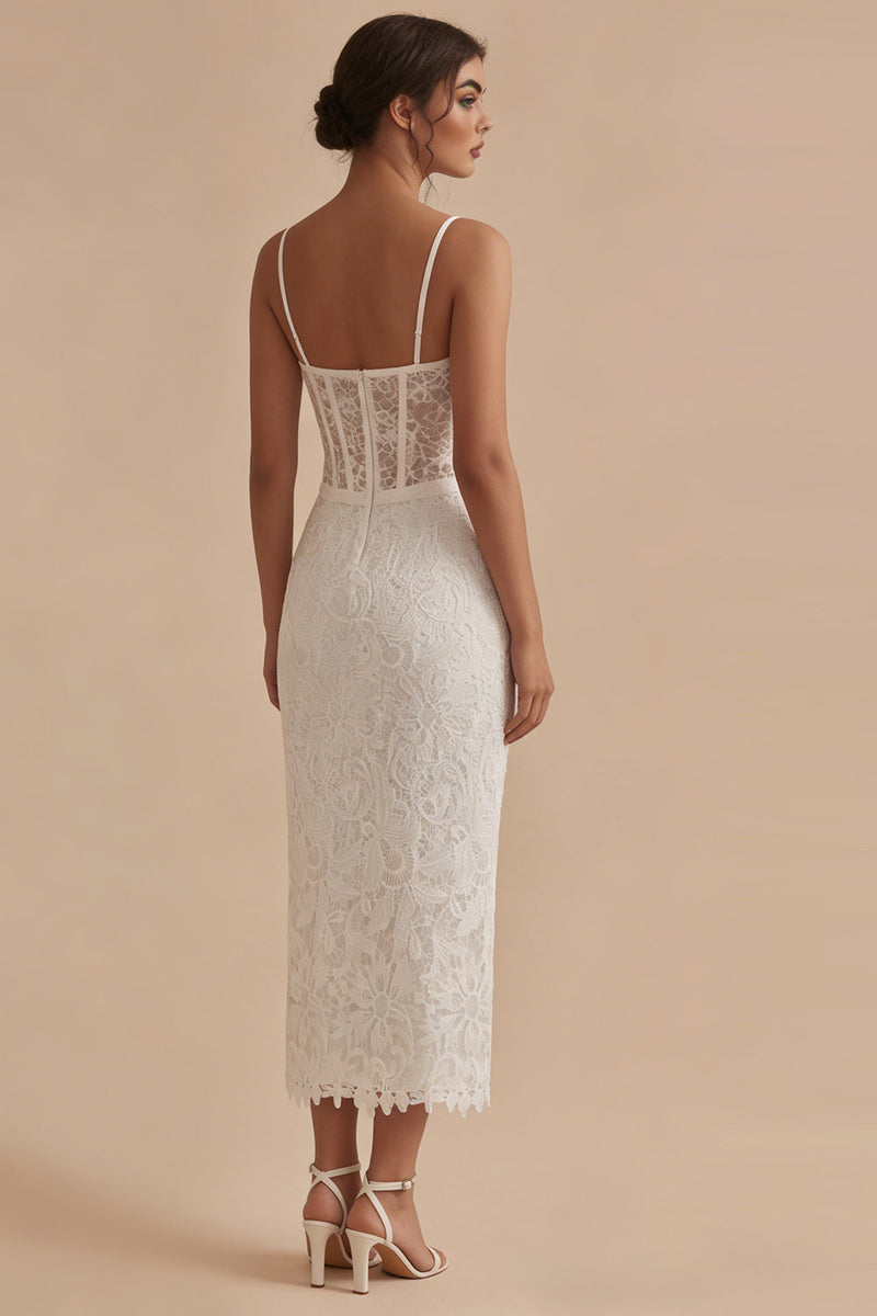 Laden Sie das Bild in den Galerie-Viewer, Spaghettiträger Scheide Maksi Blumen Spitze Korsett Weiß Boho Brautkleid