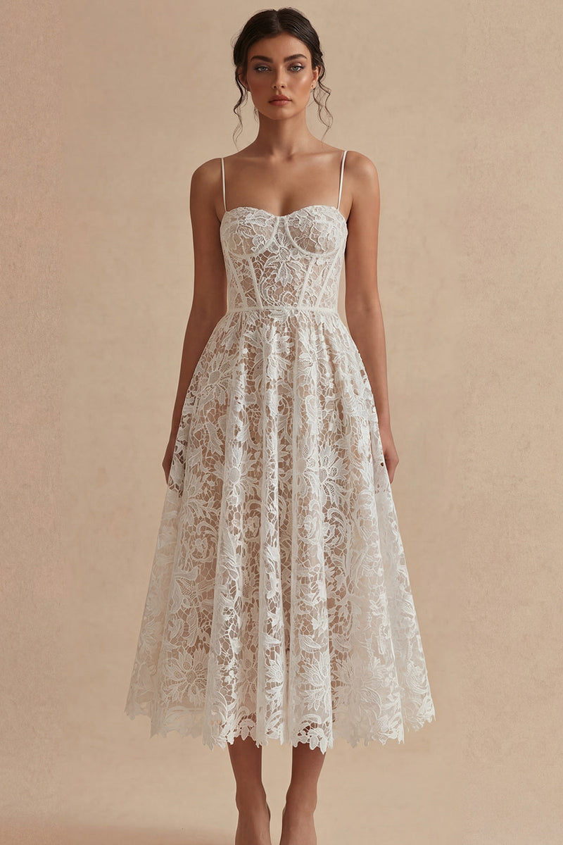 Laden Sie das Bild in den Galerie-Viewer, Spitze Blumen Weiß Maksi A Linie Korsett Spaghettiträger Boho Brautkleid