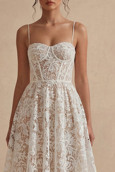 Spitze Blumen Weiß Maksi A Linie Korsett Spaghettiträger Boho Brautkleid