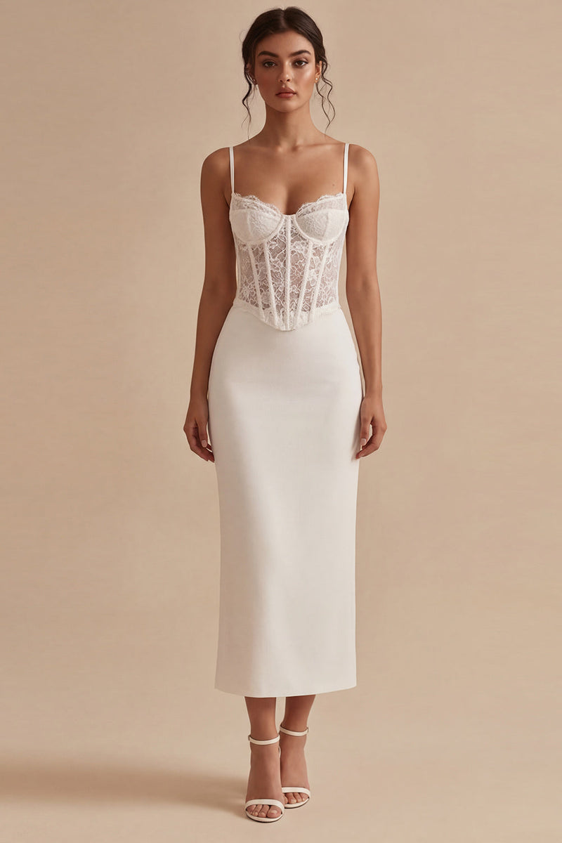 Laden Sie das Bild in den Galerie-Viewer, Korsett Blumen Scheide Maksi Weiß Boho Brautkleid mit Spitze