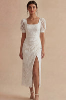 Laden Sie das Bild in den Galerie-Viewer, Spitze Rundhalsausschnitt Scheide Gerafft Maksi Weiß Boho Brautkleid mit Schlitz