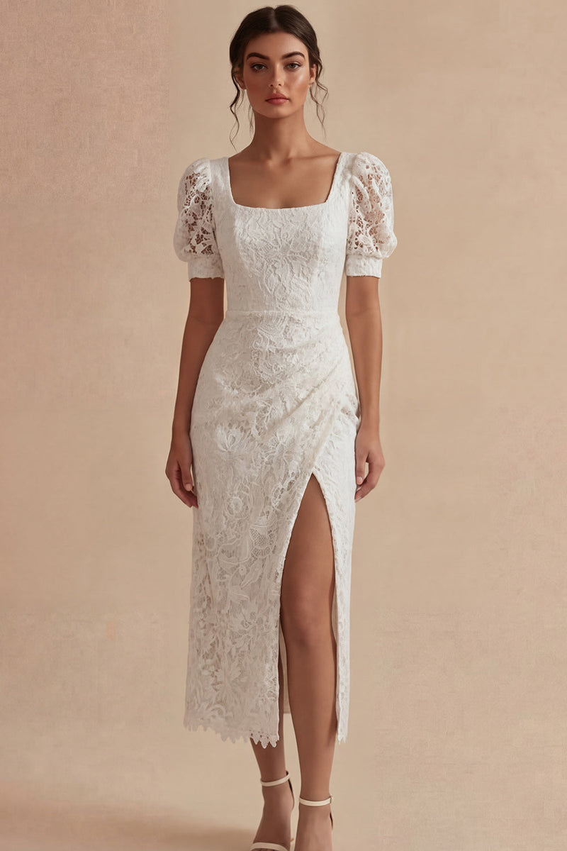 Laden Sie das Bild in den Galerie-Viewer, Spitze Rundhalsausschnitt Scheide Gerafft Maksi Weiß Boho Brautkleid mit Schlitz
