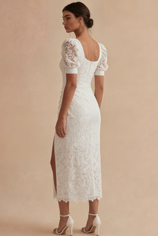 Spitze Rundhalsausschnitt Scheide Gerafft Maksi Weiß Boho Brautkleid mit Schlitz