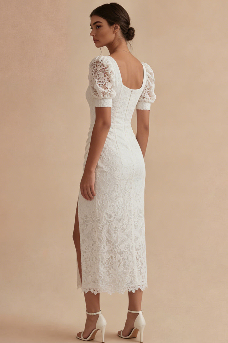 Laden Sie das Bild in den Galerie-Viewer, Spitze Rundhalsausschnitt Scheide Gerafft Maksi Weiß Boho Brautkleid mit Schlitz