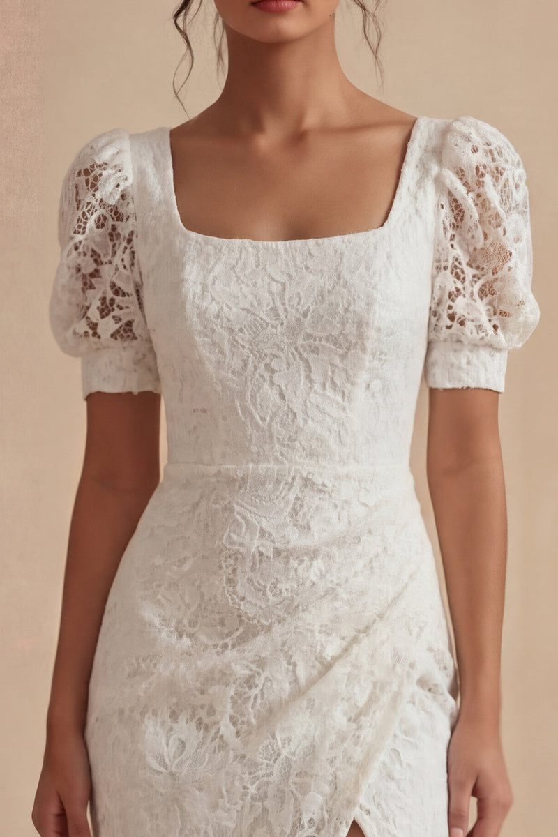 Laden Sie das Bild in den Galerie-Viewer, Spitze Rundhalsausschnitt Scheide Gerafft Maksi Weiß Boho Brautkleid mit Schlitz