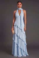 Laden Sie das Bild in den Galerie-Viewer, Leely Women Blue A Line Halter Neck Tiered Long Formal Wedding Guest Dress Backless Ruffled Formal Dress Alternative Wedding Guest Dress with Neck Scarf