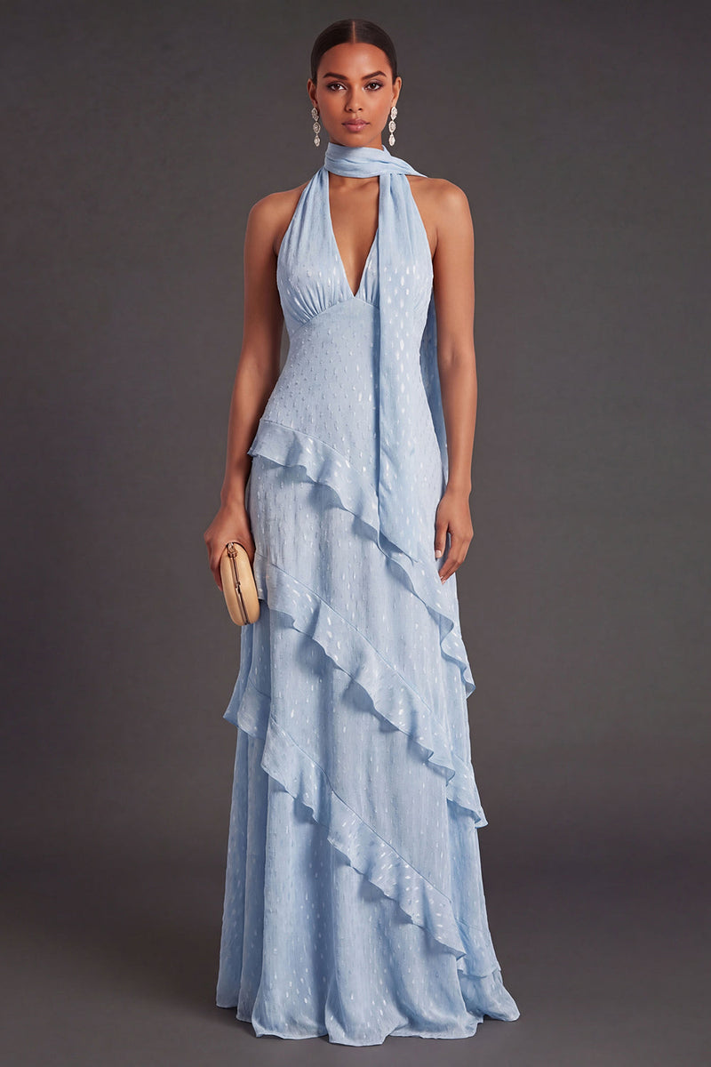 Laden Sie das Bild in den Galerie-Viewer, Leely Women Blue A Line Halter Neck Tiered Long Formal Wedding Guest Dress Backless Ruffled Formal Dress Alternative Wedding Guest Dress with Neck Scarf