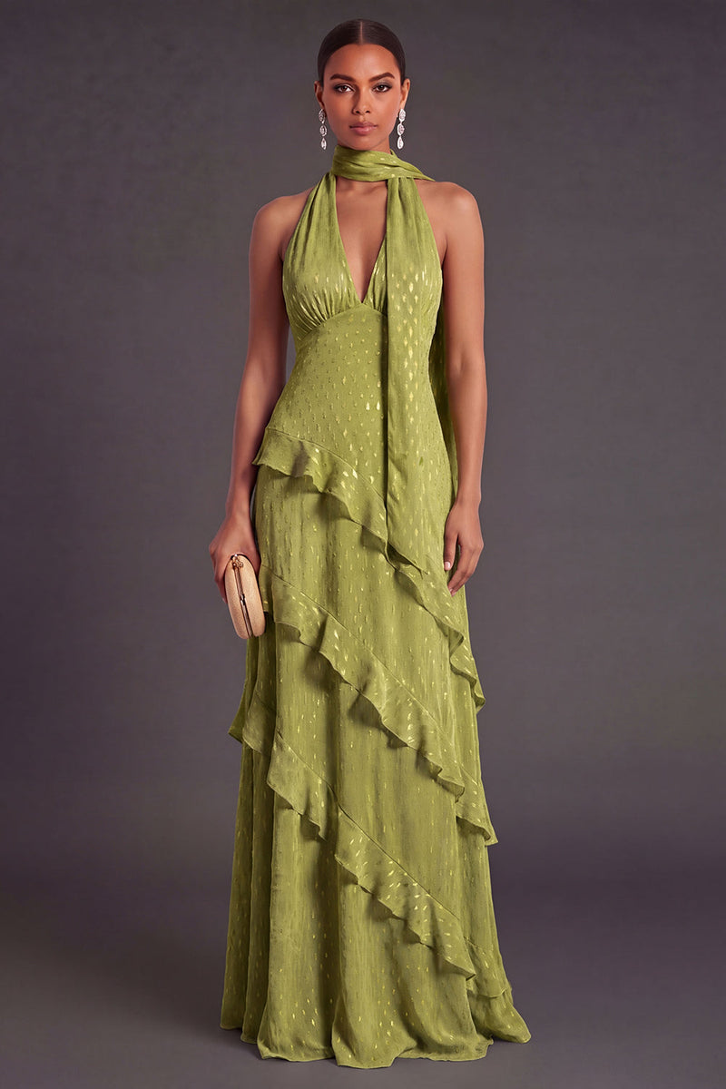Laden Sie das Bild in den Galerie-Viewer, Leely Women Olive A Line Halter Neck Tiered Long Formal Wedding Guest Dress Backless Ruffled Formal Dress Alternative Wedding Guest Dress with Neck Scarf