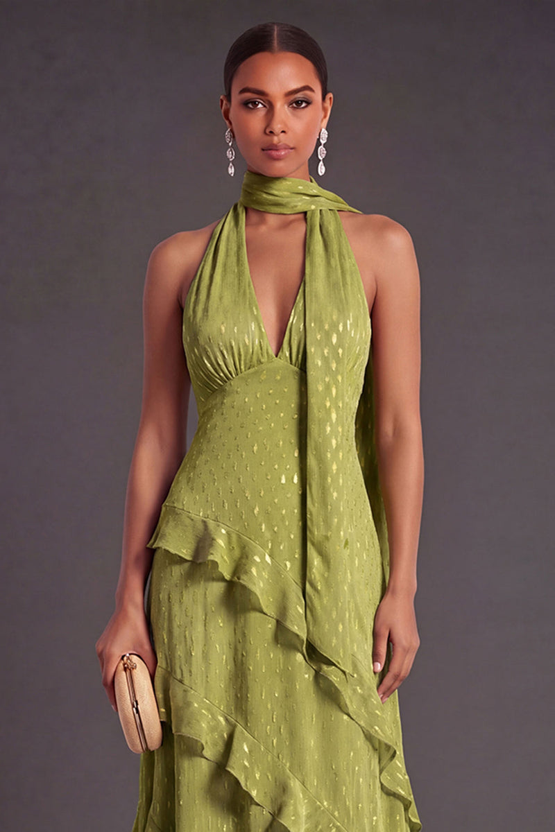 Laden Sie das Bild in den Galerie-Viewer, Blau A-Linien Neckholder Gestuft Rüschen Langes Abendkleid