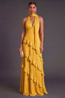 Laden Sie das Bild in den Galerie-Viewer, Leely Women Yellow A Line Halter Neck Tiered Long Formal Wedding Guest Dress Backless Ruffled Formal Dress Alternative Wedding Guest Dress with Neck Scarf