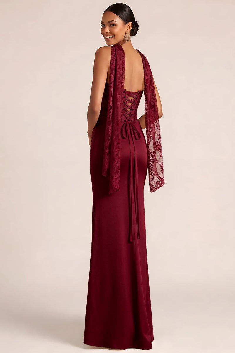 Laden Sie das Bild in den Galerie-Viewer, Weiß Meerjungfrau Maxi Corsage Satin Basque-Taille Brautkleid mit Spitze