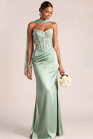 Laden Sie das Bild in den Galerie-Viewer, Weiß Meerjungfrau Maxi Corsage Satin Basque-Taille Brautkleid mit Spitze