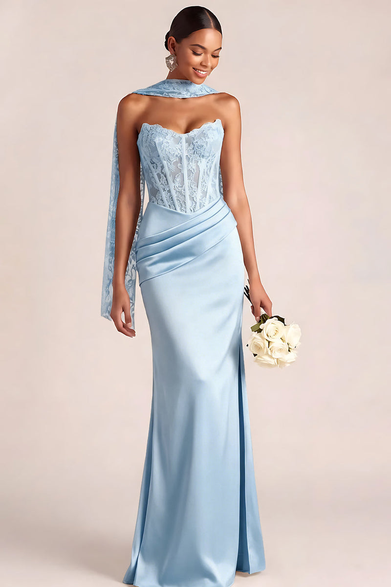 Laden Sie das Bild in den Galerie-Viewer, Weiß Meerjungfrau Maxi Corsage Satin Basque-Taille Brautkleid mit Spitze