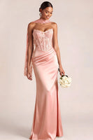 Laden Sie das Bild in den Galerie-Viewer, Weiß Meerjungfrau Maxi Corsage Satin Basque-Taille Brautkleid mit Spitze