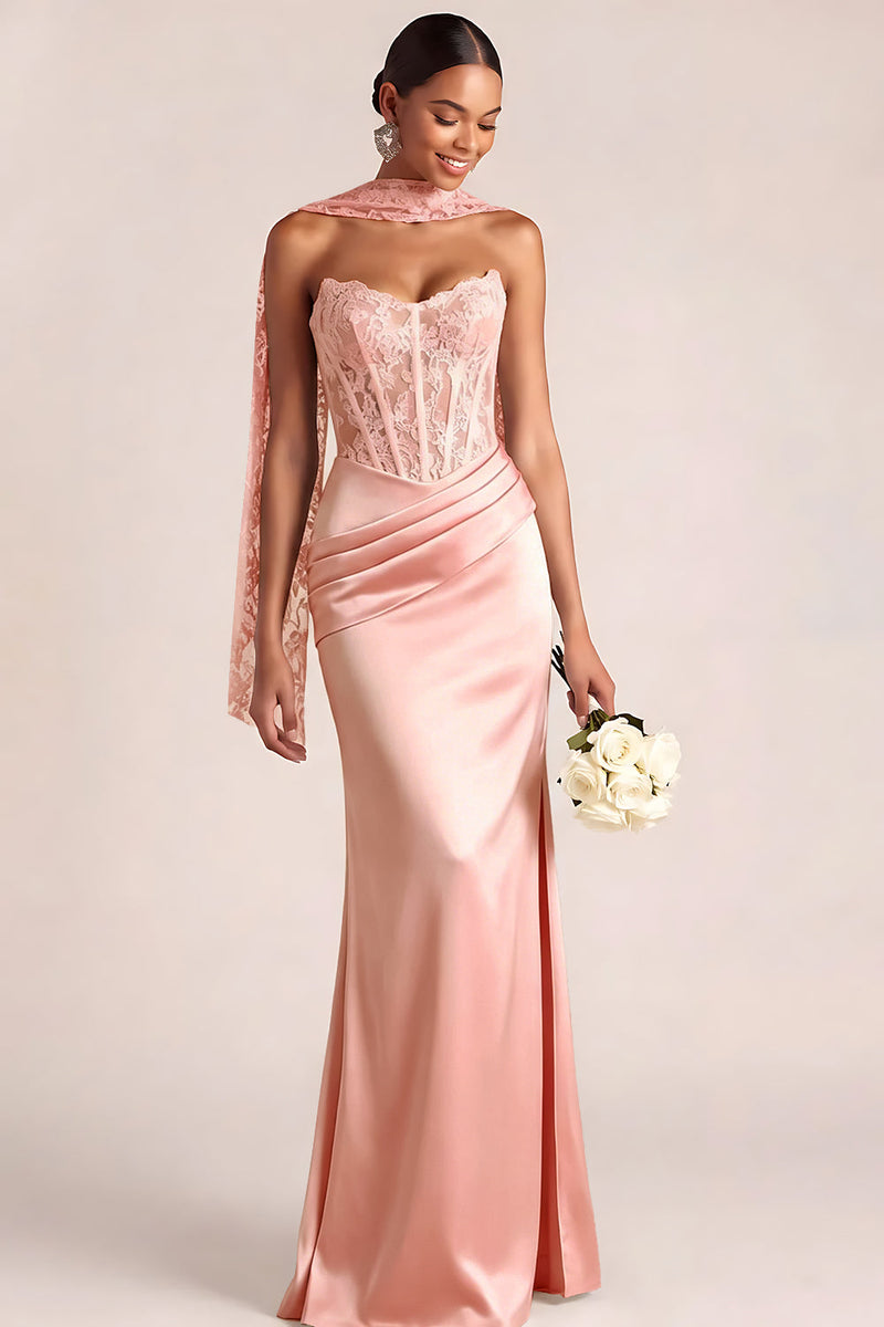 Laden Sie das Bild in den Galerie-Viewer, Weiß Meerjungfrau Maxi Corsage Satin Basque-Taille Brautkleid mit Spitze
