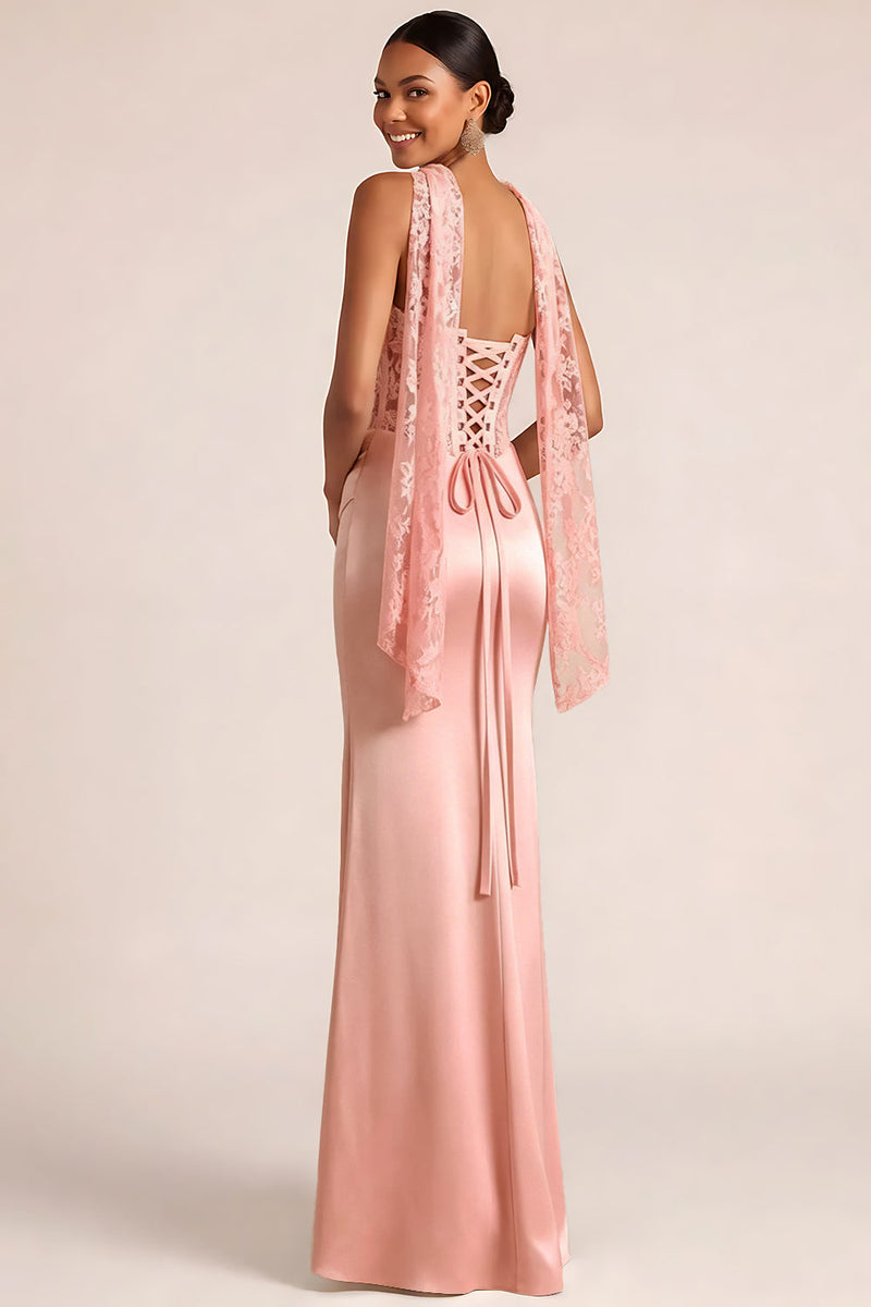 Laden Sie das Bild in den Galerie-Viewer, Weiß Meerjungfrau Maxi Corsage Satin Basque-Taille Brautkleid mit Spitze
