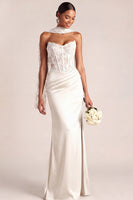 Laden Sie das Bild in den Galerie-Viewer, Leely Women White Mermaid Maxi Satin Wedding Reception Dress with Lace Corset Strapless Neck Scarf Basque Waist Rehearsal Dinner Dress with Slit