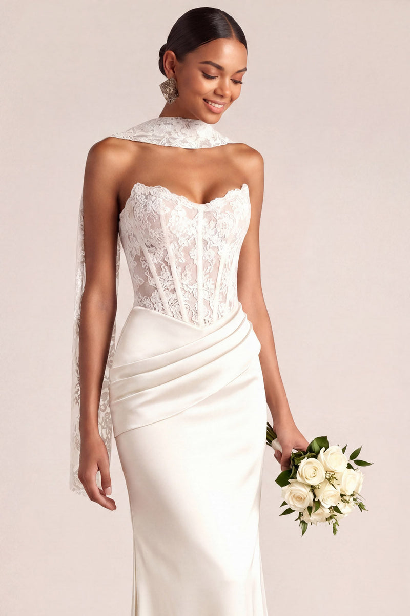 Laden Sie das Bild in den Galerie-Viewer, Weiß Meerjungfrau Maxi Corsage Satin Basque-Taille Brautkleid mit Spitze