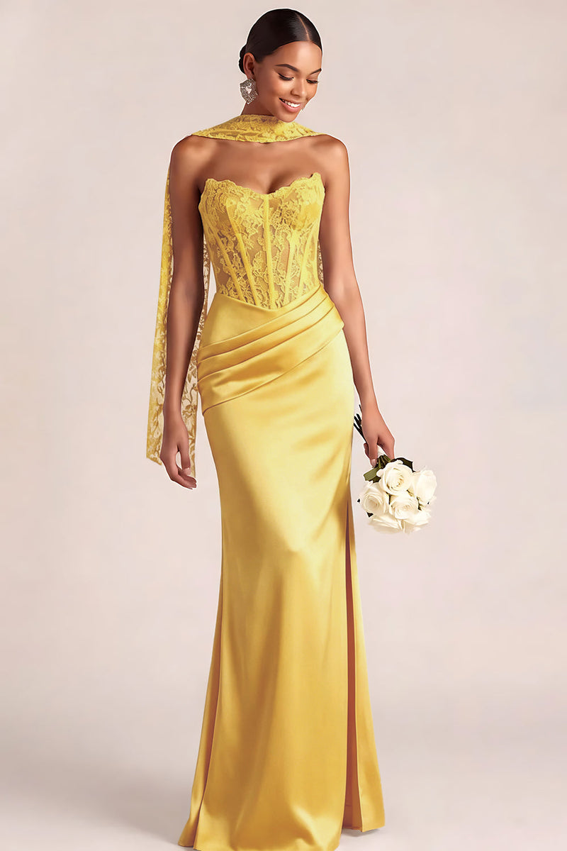 Laden Sie das Bild in den Galerie-Viewer, Weiß Meerjungfrau Maxi Corsage Satin Basque-Taille Brautkleid mit Spitze