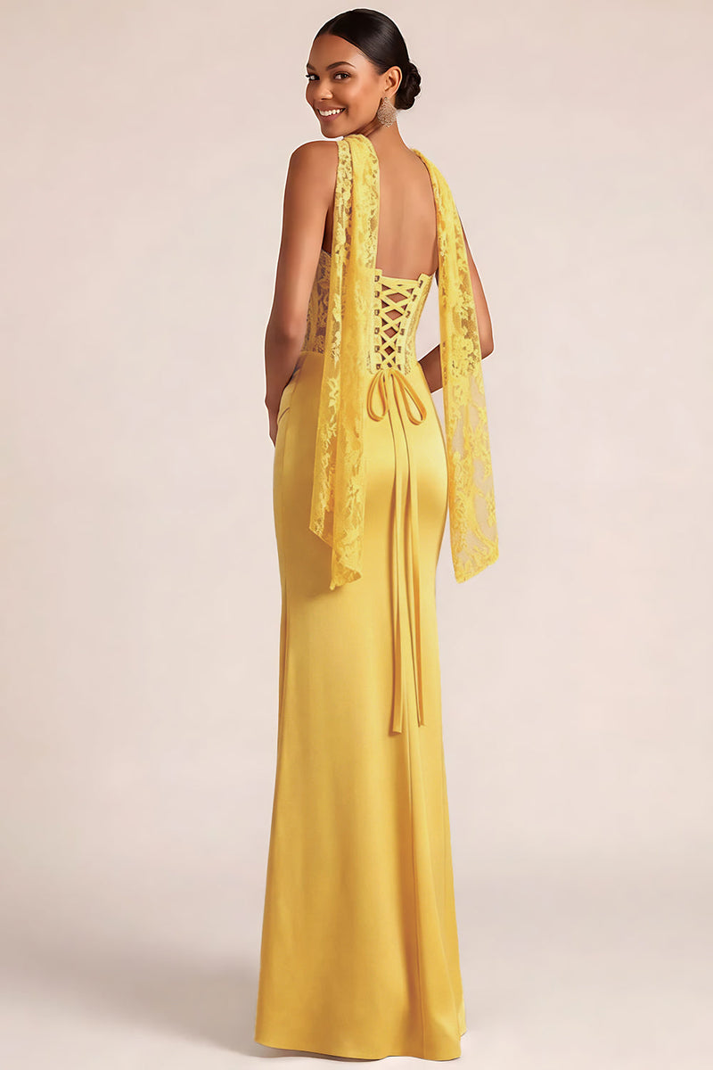 Laden Sie das Bild in den Galerie-Viewer, Weiß Meerjungfrau Maxi Corsage Satin Basque-Taille Brautkleid mit Spitze