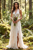 Laden Sie das Bild in den Galerie-Viewer, Leely Women Ivory Ruffled Sweep Train Boho Wedding Dress with Slit Halter A Line Bridal Dress with Lace