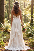 Laden Sie das Bild in den Galerie-Viewer, Elfenbein Neckholder A-Linien Rüschen Kurzer Schleppe Boho Brautkleid mit Schlitz