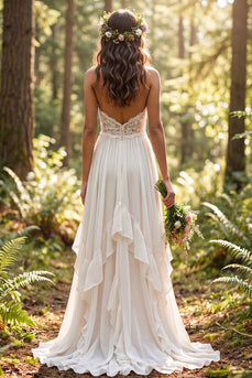 Elfenbein Neckholder A-Linien Rüschen Kurzer Schleppe Boho Brautkleid mit Schlitz