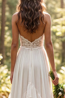 Laden Sie das Bild in den Galerie-Viewer, Elfenbein Neckholder A-Linien Rüschen Kurzer Schleppe Boho Brautkleid mit Schlitz