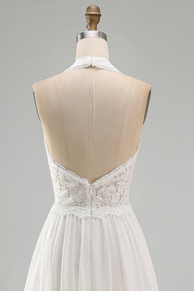 Laden Sie das Bild in den Galerie-Viewer, Elfenbein Neckholder A-Linien Rüschen Kurzer Schleppe Boho Brautkleid mit Schlitz