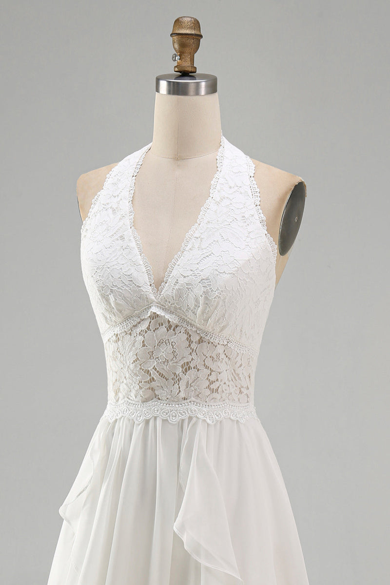 Laden Sie das Bild in den Galerie-Viewer, Elfenbein Neckholder A-Linien Rüschen Kurzer Schleppe Boho Brautkleid mit Schlitz