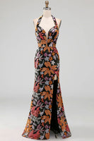 Laden Sie das Bild in den Galerie-Viewer, Schwarz Blumenmuster Glitzer Pailletten Langes Abendkleid mit Schlitz