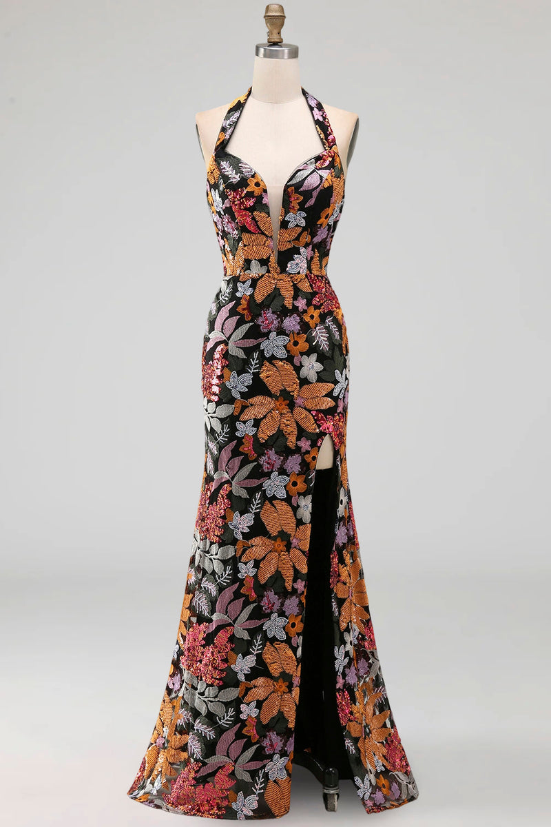 Laden Sie das Bild in den Galerie-Viewer, Schwarz Blumenmuster Glitzer Pailletten Langes Abendkleid mit Schlitz