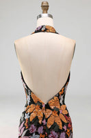 Laden Sie das Bild in den Galerie-Viewer, Schwarz Blumenmuster Glitzer Pailletten Langes Abendkleid mit Schlitz