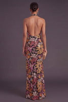 Laden Sie das Bild in den Galerie-Viewer, Schwarz Blumenmuster Glitzer Pailletten Langes Abendkleid mit Schlitz
