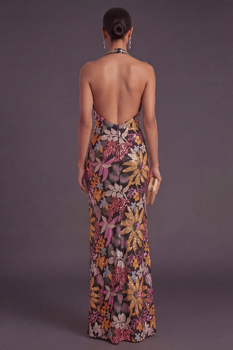 Laden Sie das Bild in den Galerie-Viewer, Schwarz Blumenmuster Glitzer Pailletten Langes Abendkleid mit Schlitz